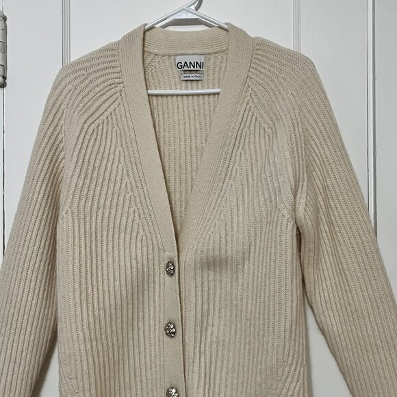 Ganni rib knit wool blend cardigan sweater in cream designer luxury neutral - Picture 6 of 13